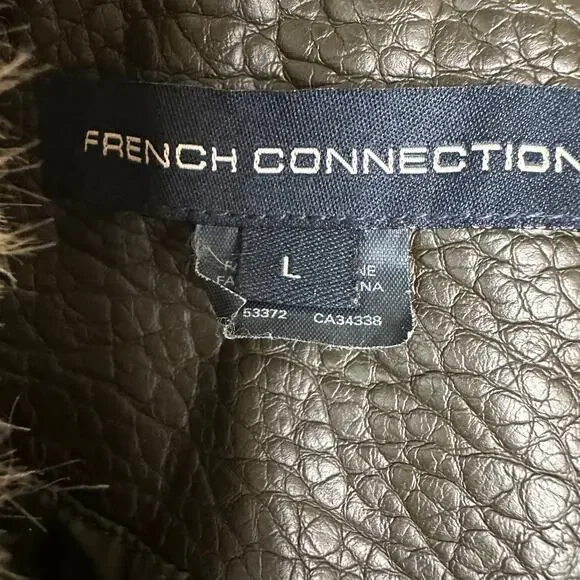 French Connection Faux Leather Fur Collar Moto Jacket Olive Green Large - Picture 5 of 11